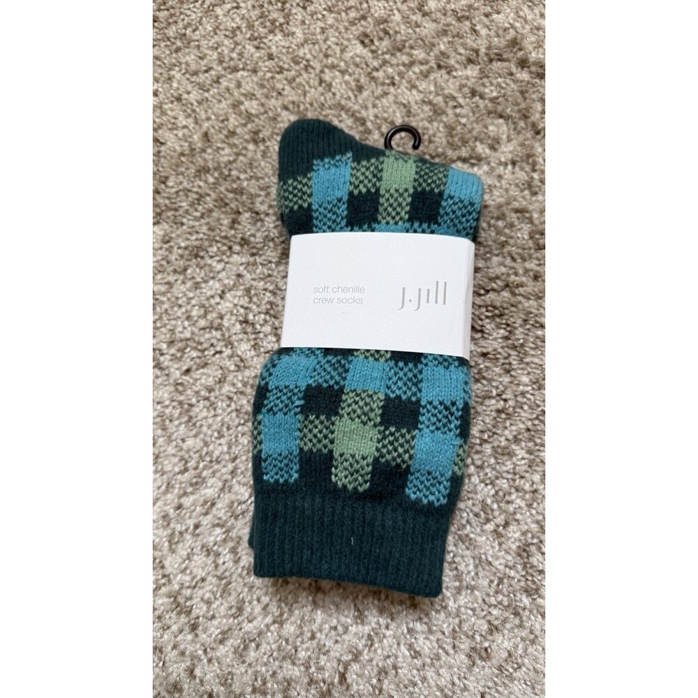 NEW J Jill Chenille Plaid Crew Socks Green And Blue Women One Size